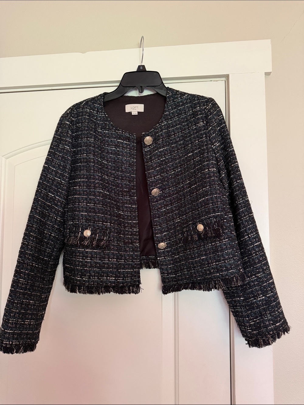 LOFT Black Tweed Fringe Button Lady Jacket